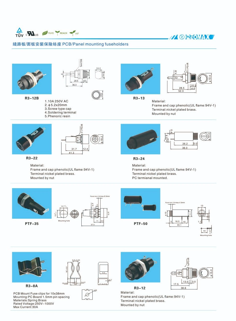 5X20 6X30 Glass Ceramic Fuse Holder for PCB